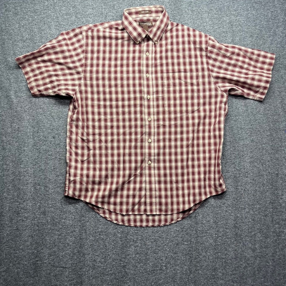 Cambridge Classics Shirt Mens Large Maroon Button‎ Down Plaid Short Sleeve
